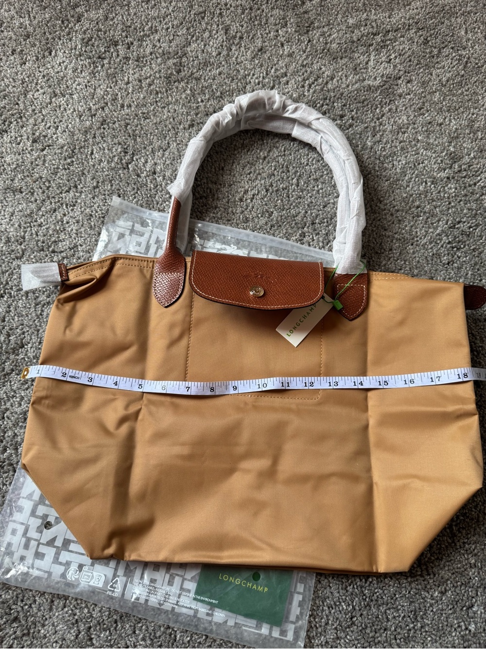 Longchamp Tan Nylon Tote with Chestnut Leather Trim
